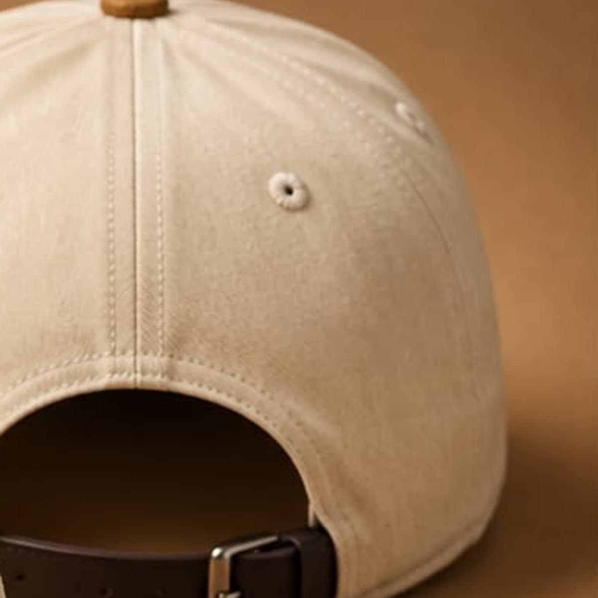 HF Patch Cap — Cream & Tan — adjustable leather strap buckle closure